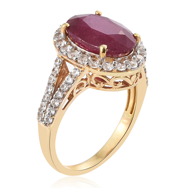 Limited Edtion- Designer Inspired- Very Rare  African Ruby (Ovl 14X10 mm 7.75 Ct), Natural CambodianWhite Zircon Ring in 14K Gold Overlay Sterling Silver 9.000 Ct.