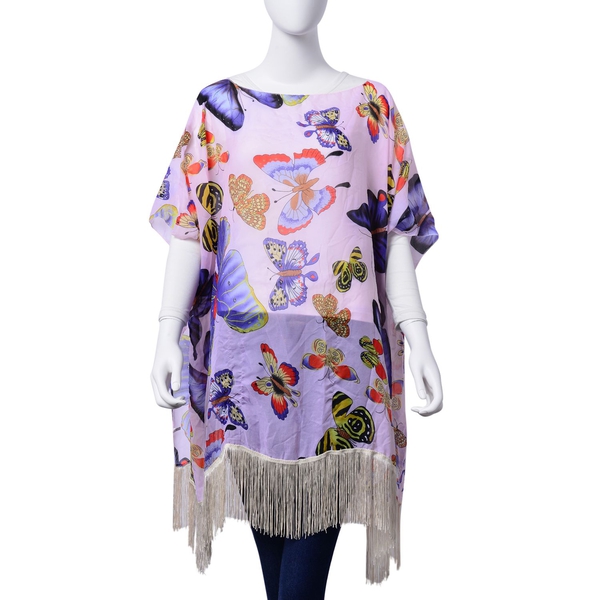 Multi Colour Butterfly Pattern Light Purple Colour Poncho with Tassels (Free Size)