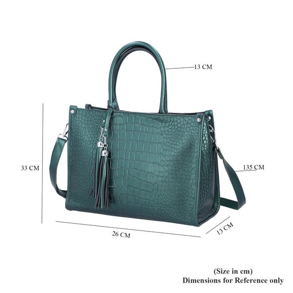 100% Genuine Leather Crocodie Pattern Covertible Bag with Tassels and Shoulder Strap (Size 34x25x14 Cm) - Olive Green