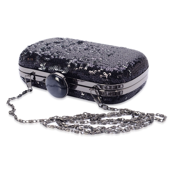 Black and Silver Colour Sequins Clutch Bag in Black Tone with Simulated Black Cats Eye (Size 16x10 Cm)