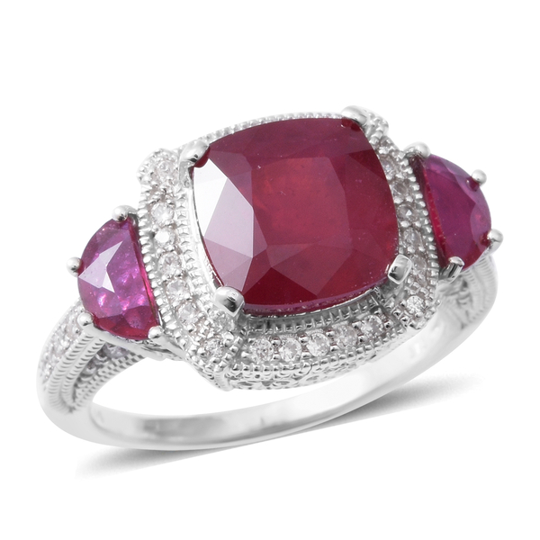 7.85 Ct African Ruby and Cambodian Zircon Trilogy Halo Design Ring in Rhodium Plated Silver