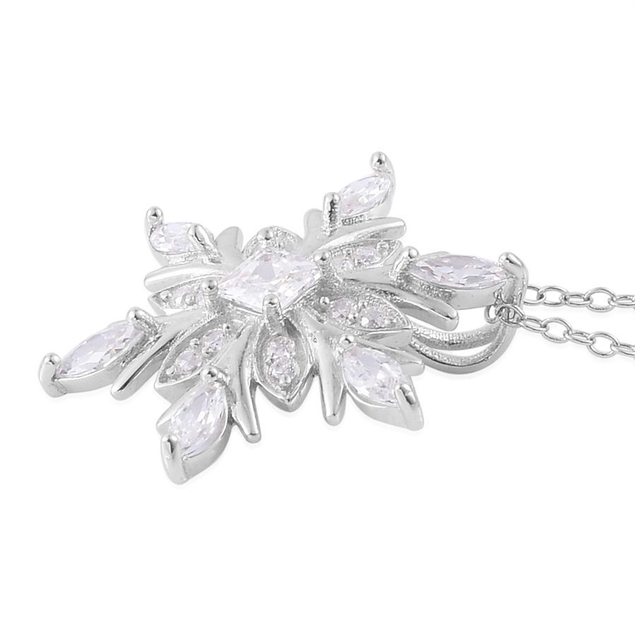 AAA Simulated White Diamond Snowflake Pendant With Chain in Platinum Overlay Sterling Silver