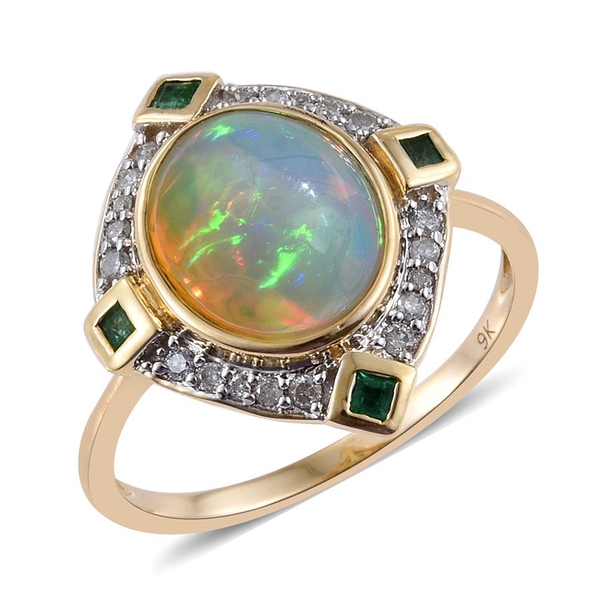 9K Y Gold AAA Wegeltena Welo Opal (Ovl 3.05 Ct), Kagem Zambian Emerald and Diamond Ring 3.500 Ct.