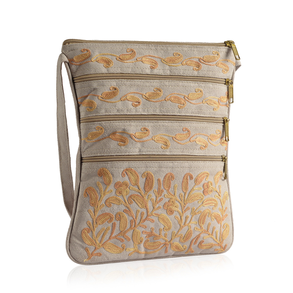 Hand Embroidered Yellow Colour Paisley Pattern Light Grey Suede Fabric Sling Bag (Size 27x20 Cm)