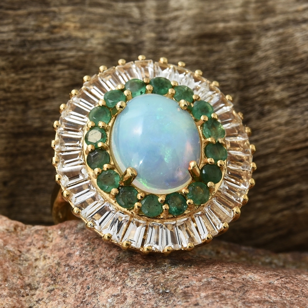 Extremely Rare Size Ethiopian Welo Opal (Ovl 12x10 mm), White Topaz and Kagem Zambian Emerald Ring in 14K Gold Overlay Sterling Silver 6.750 Ct
