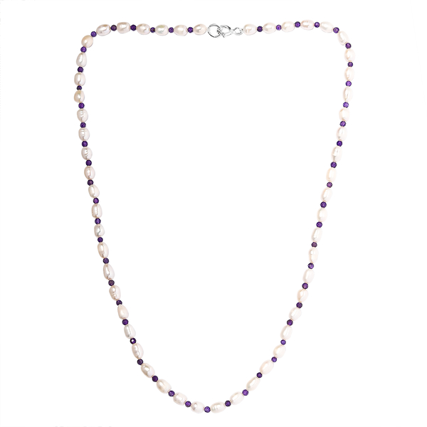 Freshwater Pearl, Amethyst Beads Necklace (Size - 18) with Spring Ring Clasp in Sterling Silver