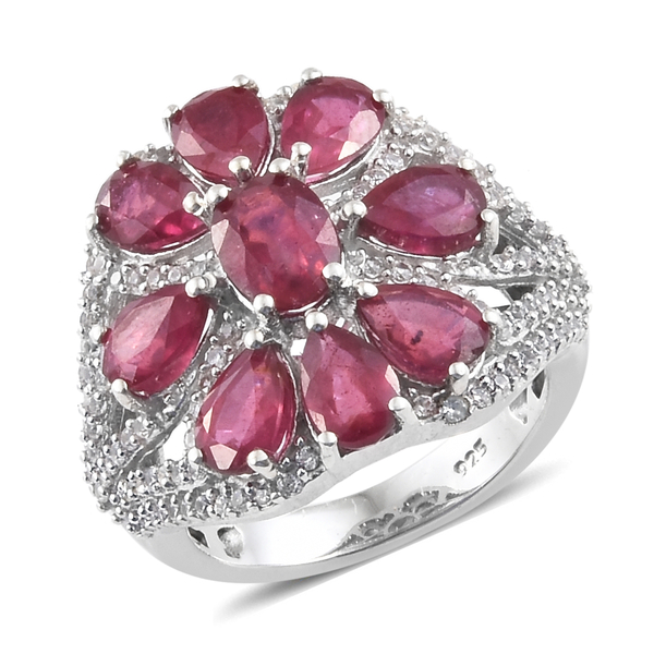 7 Carat African Ruby and Zircon Floral Ring in Platinum Pkated Silver 5.74 Grams