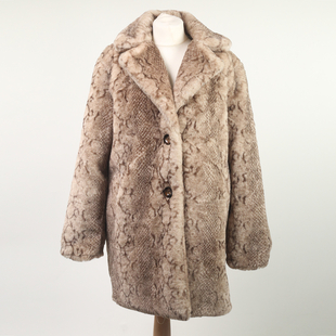 Faux Fur Snake Skin Print Coat with Notch Collar and Two-Button Closure (Size (8 -16)