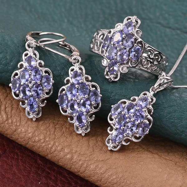 Tanzanite (Ovl) Ring, Pendant With Chain and Lever Back Earrings in Platinum Overlay Sterling Silver 4.500 Ct.
