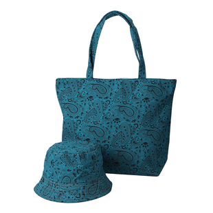 2 Piece Set - Viscose Handbag Paisley Matching Stripe Pattern Hat Tote Bag and Zipper Closure (Size:
