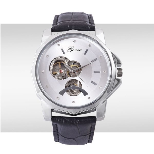 GENOA Automatic Skeleton White Dial Water Resistant Watch in ION Plated Silver with Stainless Steel Back and Black Leather Strap