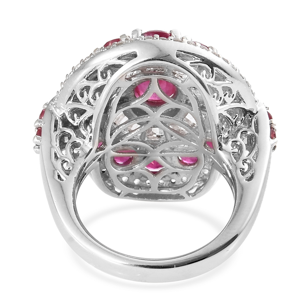 African Ruby (Ovl and Rnd 5.25 Ct), Natural White Cambodian Zircon Cluster Ring in Platinum Overlay Sterling Silver 6.750 Ct, Silver wt 9.70 Gms.