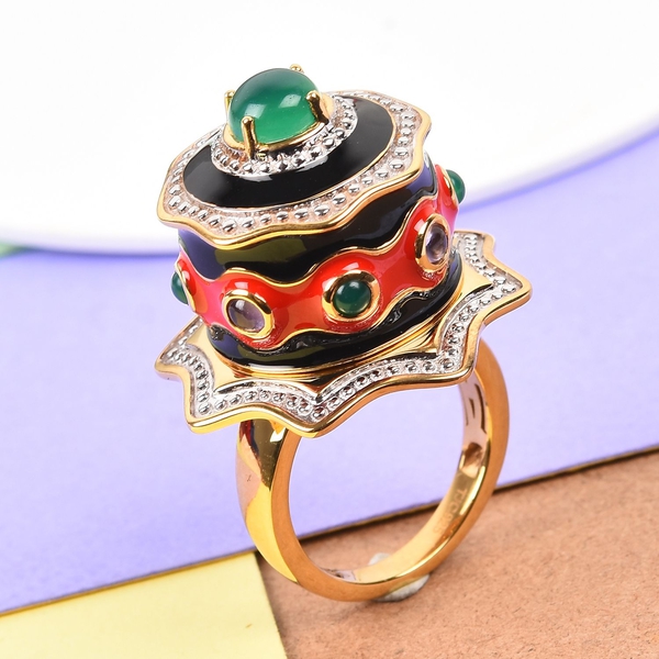 GP - Verde Onyx, Amethyst and Blue Sapphire Enamelled Cake Ring 14K Gold Overlay Sterling Silver 2.0