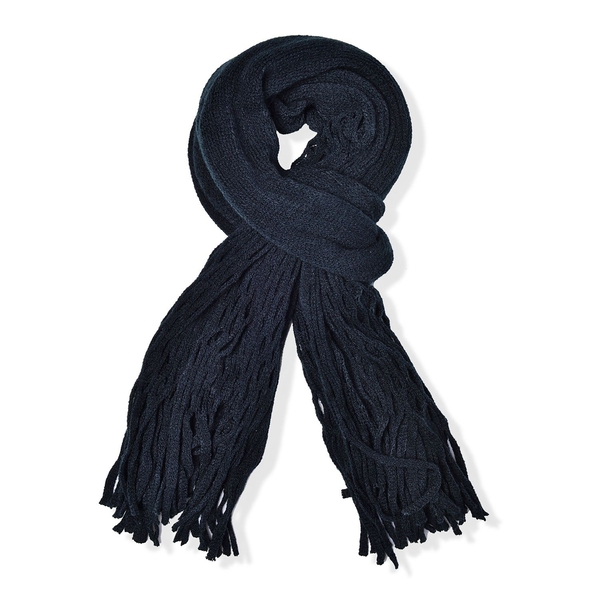 Net Design Knitted Black Colour Scarf with Fringes (Size 160x30 Cm)