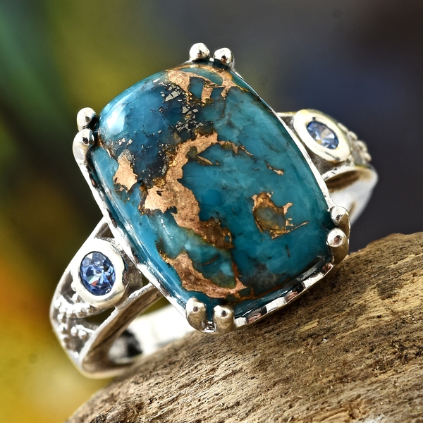 New Arrival - Mojave Blue Turquoise (Cush 14x10mm), Signity Pariaba Topaz Ring in Platinum Overlay Sterling Silver 7.250 Ct.