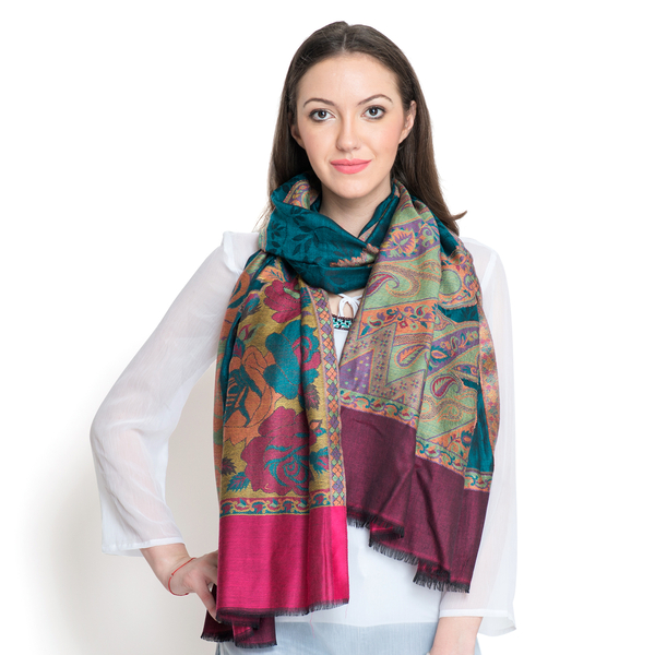 100% Modal Multi Colour Floral and Leaves Pattern Burgundy, Golden and Green Colour Jacquard Scarf (