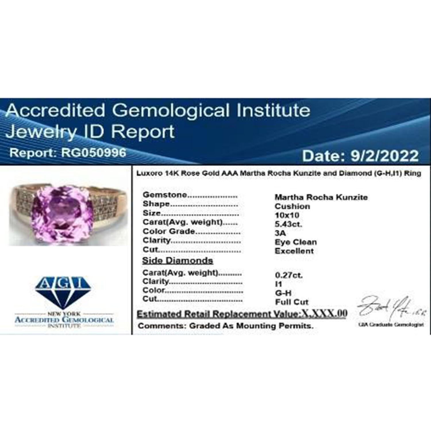 Certified and Appraised 14K Rose Gold AAA Martha Rocha Kunzite and Diamond I1 GH Classic Solitaire Ring Gold 3.45 grams, 5.70 Ct