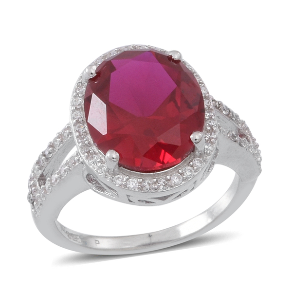 ELANZA AAA Simulated Ruby (Ovl), Simulated White Diamond Ring in Rhodium Plated Sterling Silver
