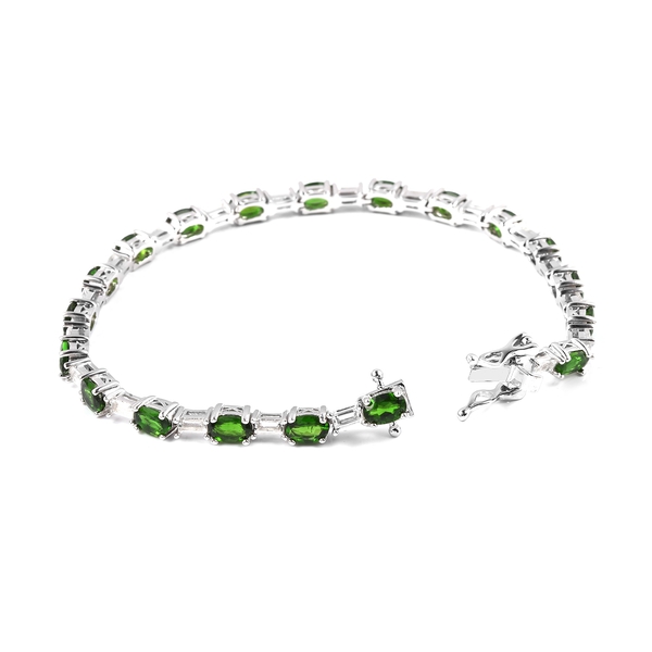 Chrome Diopside (Ovl), White Topaz Bracelet (Size 8) in Rhodium Overlay Sterling Silver 11.750 Ct, Silver wt 10.50 Gms.