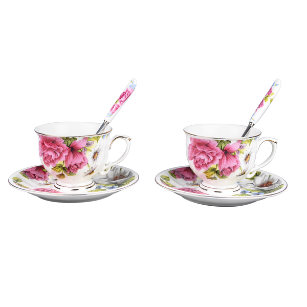 Set of 6 - European Cup Set with Flower Pattern in White and Pink Colour