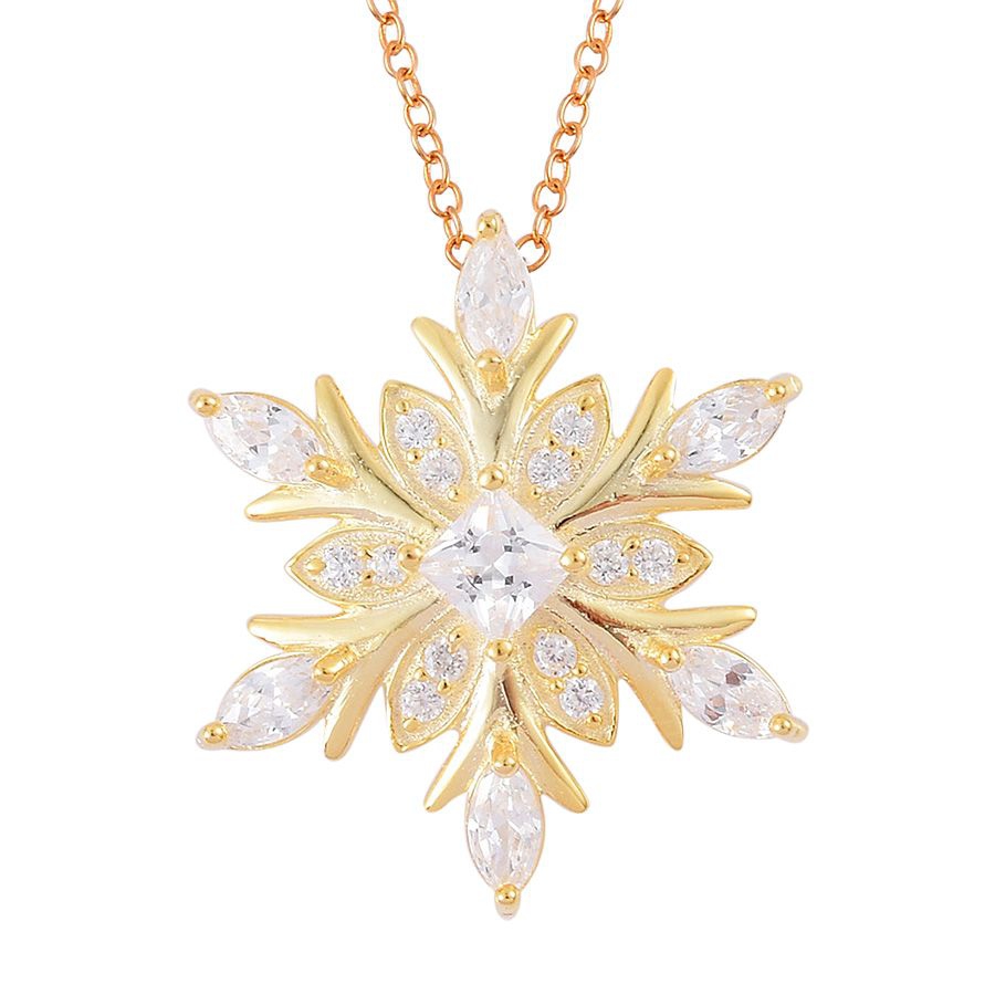 AAA Simulated White Diamond Snowflake Pendant With Chain in Yellow Gold ...