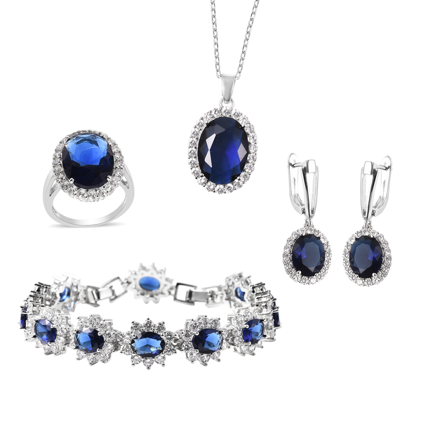4 Piece Set -  Simulated Blue Sapphire and Simulated Diamond Ring, Necklace (Size 20 with 2 inch Ext