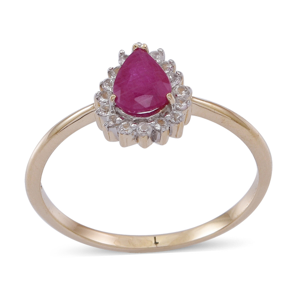 9K Y Gold Ruby (Pear 0.90 Ct), White Sapphire Ring 1.000 Ct.