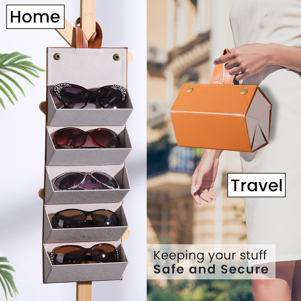 5 Slot Sunglasses Travel Organiser with Handle (Size 17x13x12 cm) - Brown