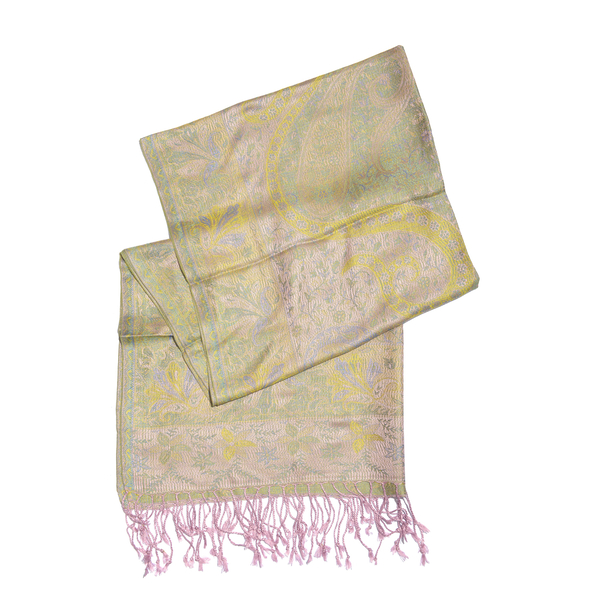 Green, Pink and Multi Colour Paisley and Floral Pattern Jacquard Scarf with Tassels (Size 180X70 Cm)