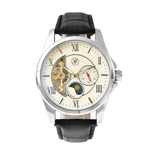 GENOA Automatic Mechanical Movement Skeleton White Dial Water Resistant Watch with Black Strap