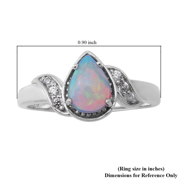 Ethiopian Welo Opal and Natural Cambodian Zircon Ring in Rhodium Overlay Sterling Silver