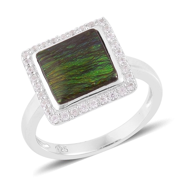 AA Canadian Ammolite (Sqr 3.25 Ct), Natural White Cambodian Zircon Ring in Platinum Overlay Sterling