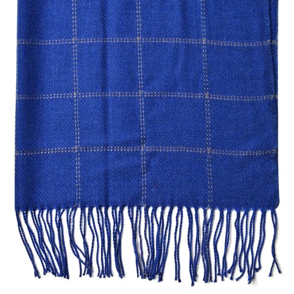 Blue Colour Chequer Pattern Scarf with Tassels (Size 190X87 Cm)