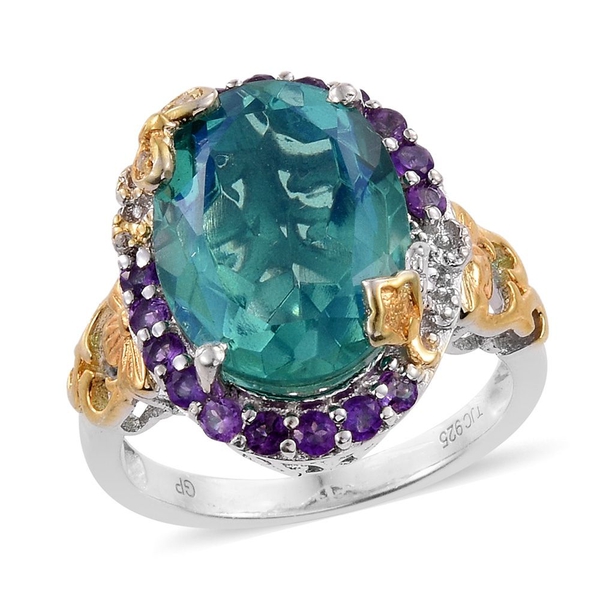 GP Peacock Quartz (Ovl 9.75 Ct), Amethyst, White Topaz and Kanchanaburi Blue Sapphire Ring in Platinum and Yellow Gold Overlay Sterling Silver 10.250 Ct. Silver wt 5.52 Gms.