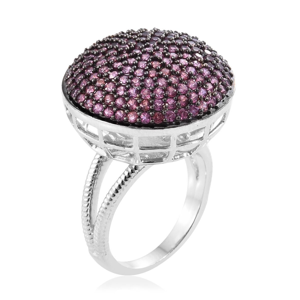 Red Carpet Collection-Rhodolite Garnet (Rnd) Cluster Ring in Black Rhodium and Platinum Overlay Sterling Silver 3.250 Ct.Gemstone Studded 166 Pcs. Silver wt. 7.64 Gms.