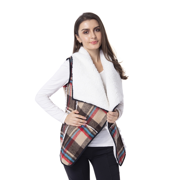 Sherpa Lined - Brown and Beige Colour Plaid Pattern Gilet (Size 70x47 Cm)
