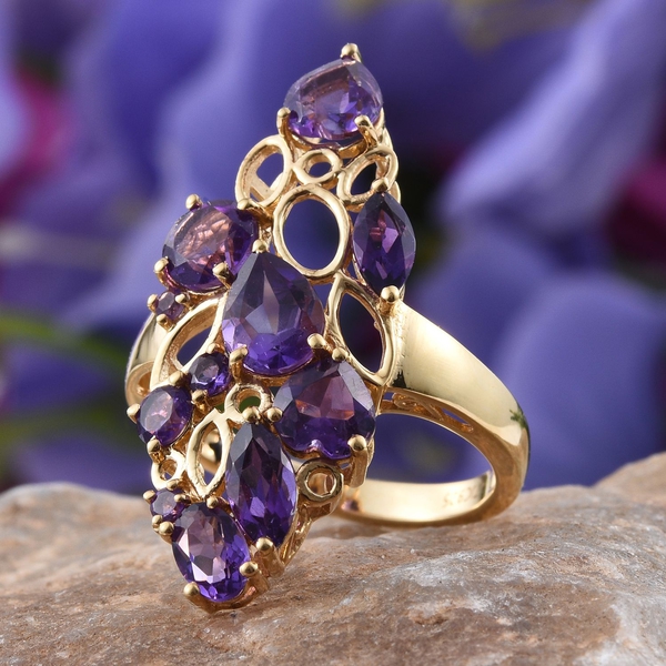 GP Amethyst (Pear 1.00 Ct), Kanchanaburi Blue Sapphire Ring in 14K Gold Overlay Sterling Silver 4.750 Ct.