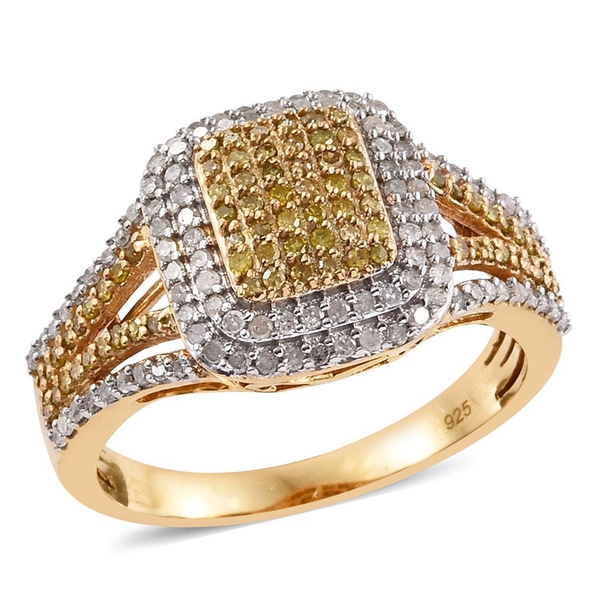1 Carat Yellow Diamond and White Diamond Cluster Ring in Gold Plated Silver 5.79 Grams