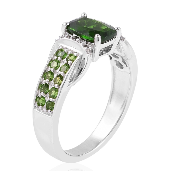 Chrome Diopside (Cush 1.500 Ct), Natural White Cambodian Zircon Ring in Rhodium Overlay Sterling Silver 2.170 Ct.