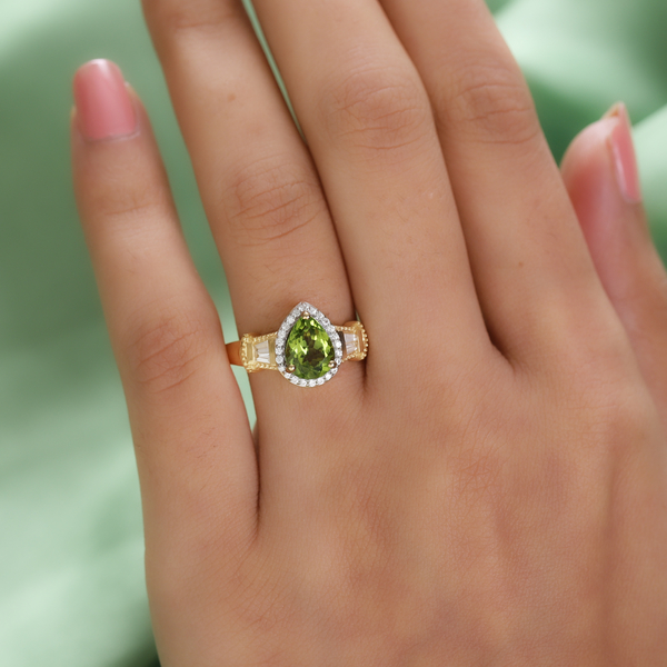 Natural Hebei Peridot and Natural Cambodian Zircon Ring in Yellow Gold Overlay Sterling Silver 2.25 Ct.
