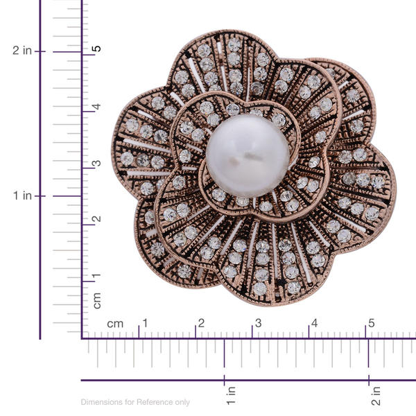White Glass Pearl and White Austrian Crystal Floral Brooch with Simulated Stone in Rose Gold Tone