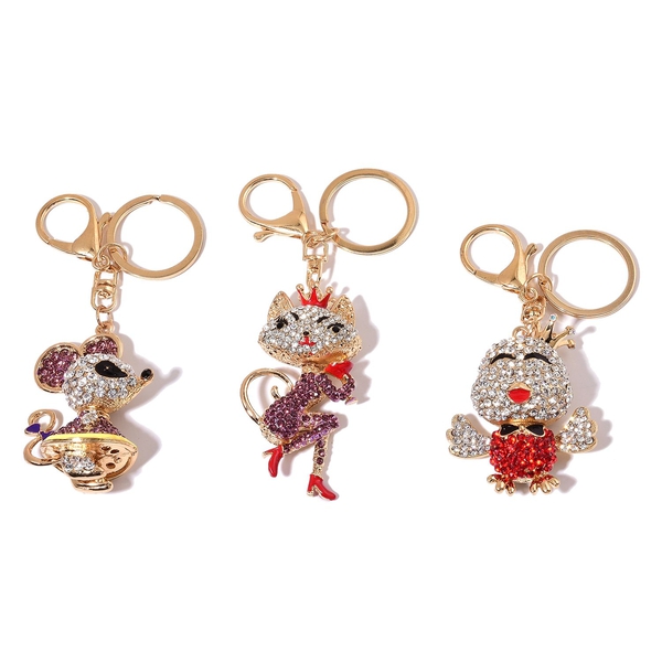 Set of 3 - White, Purple, Red and Black Austrian Crystal Chick, Fox and Rat Enameled Key Chain in Go