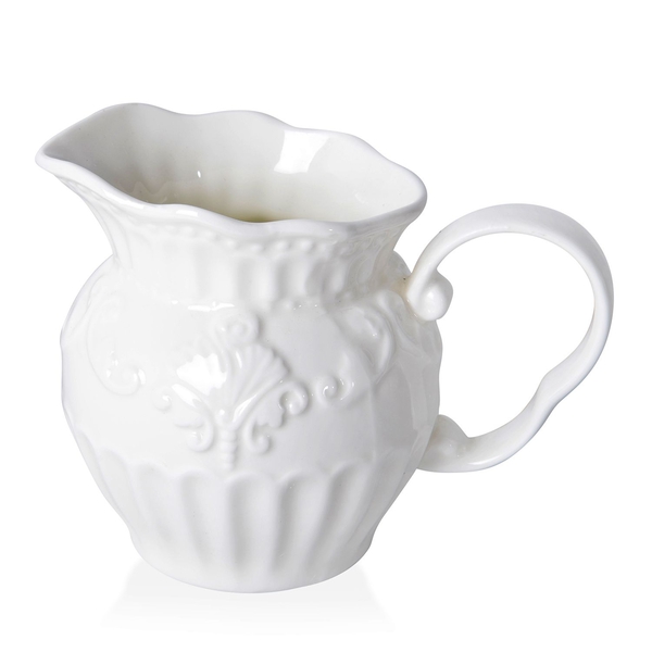 22 Piece Set - Art Deco - Flower Embossed Tea Set (Consists of 6 Cups, 6 Saucers, 7 Spoons, 1 Sugar Jar, 1 Milk Jar, 1 x 750ml Tea Pot) - White