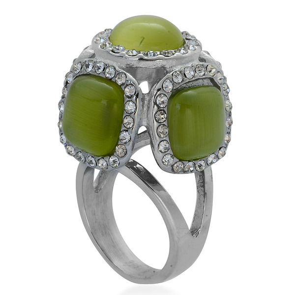 Simulated Green Cats Eye and White Austrian Crystal Ring in Stainless Steel