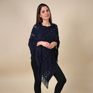 TAMSY Tassel Detailing Knitted Poncho With Beads - Navy