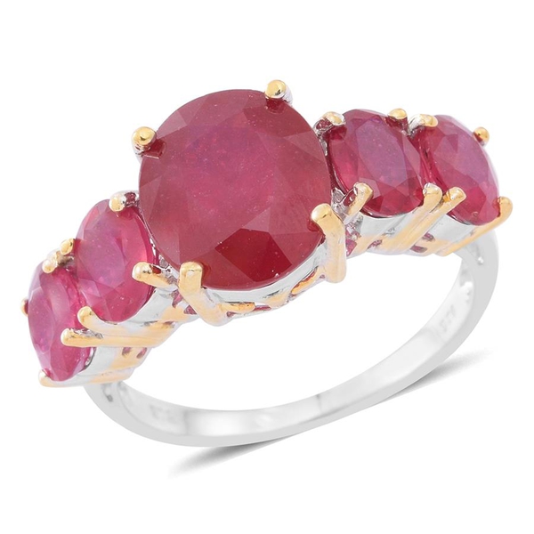 10 Carat African Ruby 5 Stone Ring in Rhodium and Gold Plated Silver
