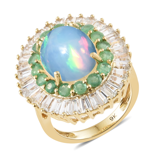 7 Carat AA Ethiopian Opal and Cambodian Zircon with Multi Gemstones Halo Ring in 9K Gold 4.63 Grams