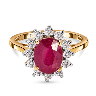 African Ruby (FF) and Natural Cambodian Zircon Halo Ring in 14K Gold Overlay Sterling Silver.