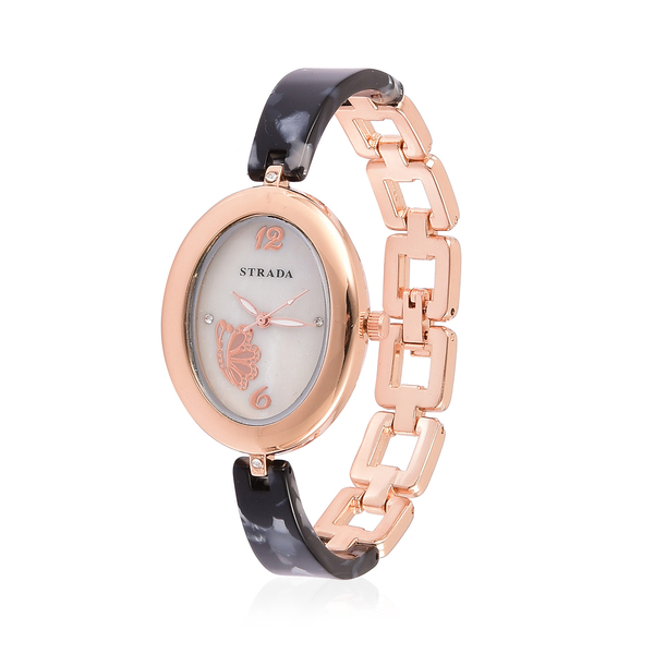 STRADA Japanese Movement White Austrian Crystal Studded MOP Dial Watch in Rose Gold Tone with Stainl