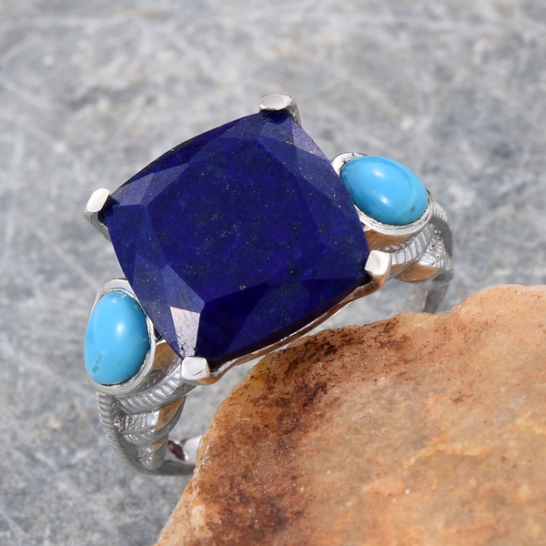 Royal Jaipur Lapis Lazuli (Cush 9.65 Ct), Arizona Sleeping Beauty Turquoise and Ruby Ring in Platinum Overlay Sterling Silver 10.750 Ct.